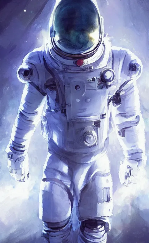 Prompt: a beautiful artwork illustration, concept art sketch of an astronaut in white futuristic cybernetic armor holding a shiny blue cube in his hand, volumetric fog, godrays, high contrast, vibrant colors, vivid colors, high saturation, by Greg Rutkowski and Jesper Ejsing and Raymond Swanland and alena aenami, featured on artstation, narrow angle, vertical orientation