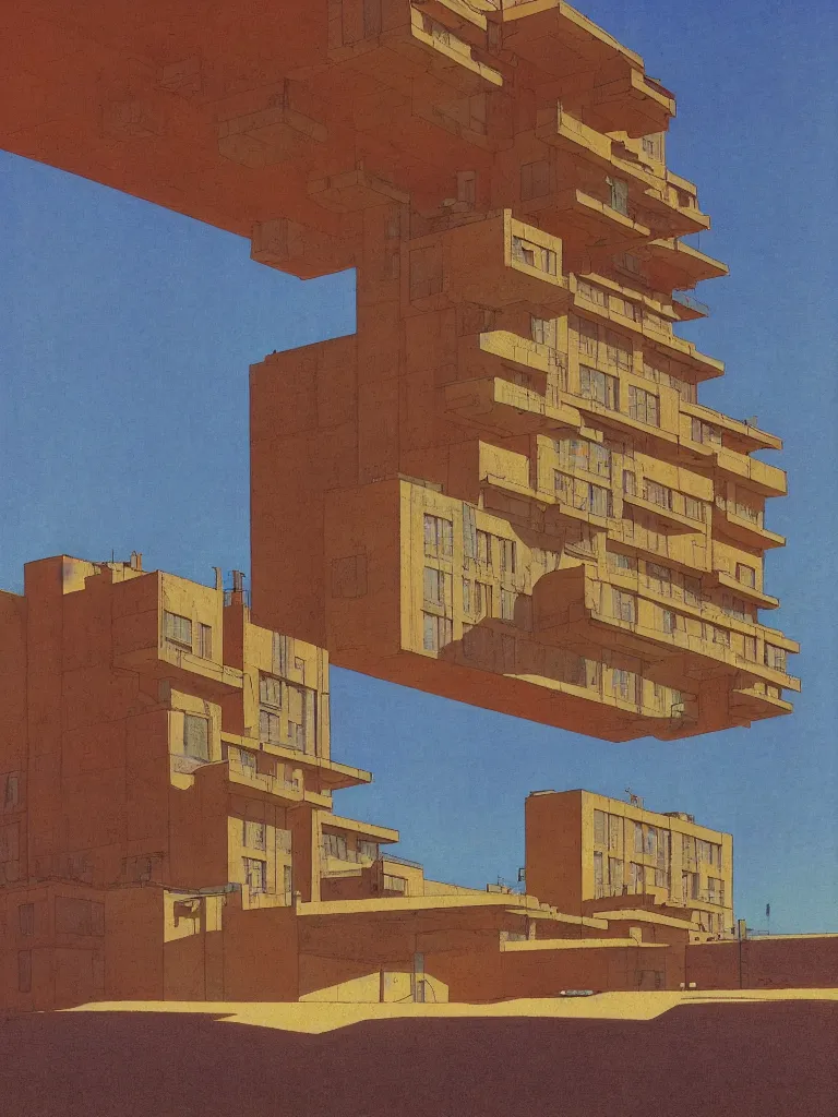 Image similar to a psychedelic hallucination of a brutalist hotel in the high plains desert, by kawase hasui, moebius, edward hopper, colorful flat surreal design, dramatic lighting, hd, 8 k, artstation