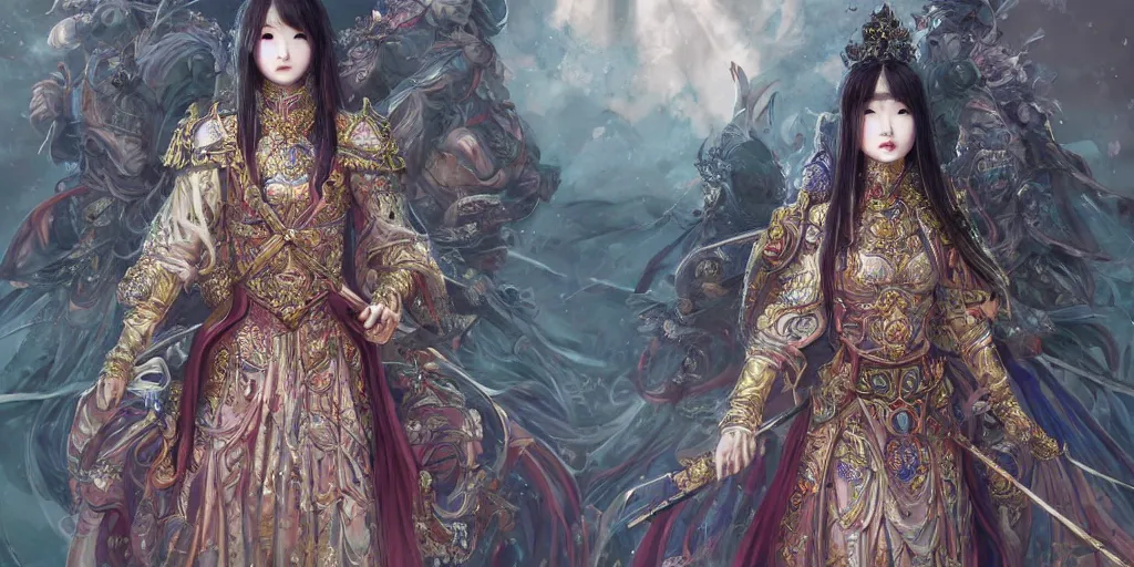 Image similar to an concept art of the korean queen surrounded by magic guards, long hair, makeup, intricate details, detailed face, detailed dress, one face, artstation, epic pose, colourful light, by kentaro miura and vasnetsov