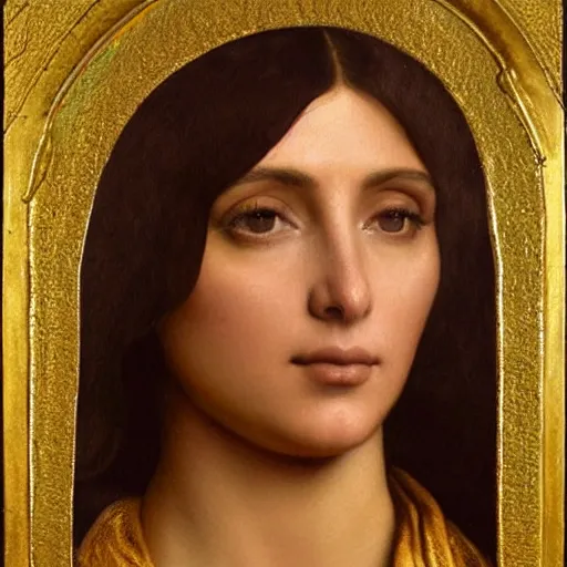 Image similar to a Pre-Raphaelite painting of Kim Kardashian as the Virgin Mary, Catholic icon, halo