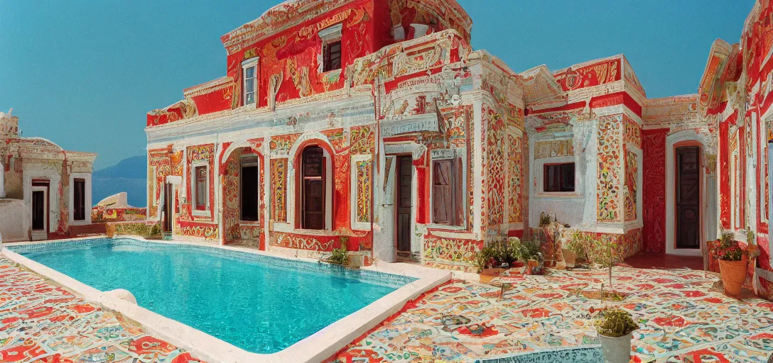 Image similar to large house in greece with multicolored portuguese tiles. photographed by wes anderson. fujinon premista 1 9 - 4 5 mm t 2. 9. portra 8 0 0.