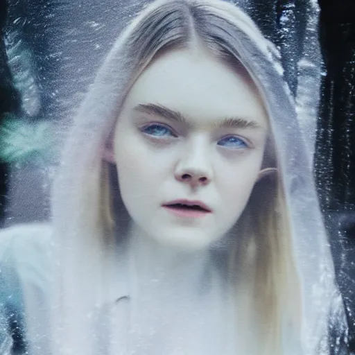 Image similar to Polaroid of Elle Fanning in a dream, silhouettes, threes, rain, reflection, double exposure, dramatic low-key neon lighting, light painting
