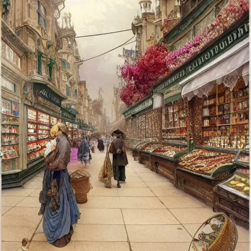 Prompt: a beautifull intricate watercolour painting of a victorian confectionery shop with many flowers and, reflexions, verry high details by william turner art, greg rutkowski and alphonse mucha, trending on artstation, very very detailed, masterpiece, - n 9