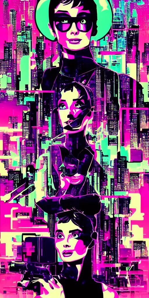 Image similar to audrey hepburn cyberpunk, synthwave poster,