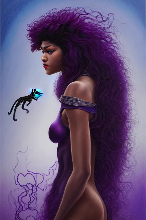 Image similar to zendaya with wavy dark purple hair coming out of the abyss with a panther on her shoulder, ultrafine hyperrealistic fantasy oil painting, art by ida outhwaite and loish, trending on artstation, dungeons and dragons, magic the gathering, intricate linework, sharp focus, smooth, unreal engine, dramatic lighting, 8 k,