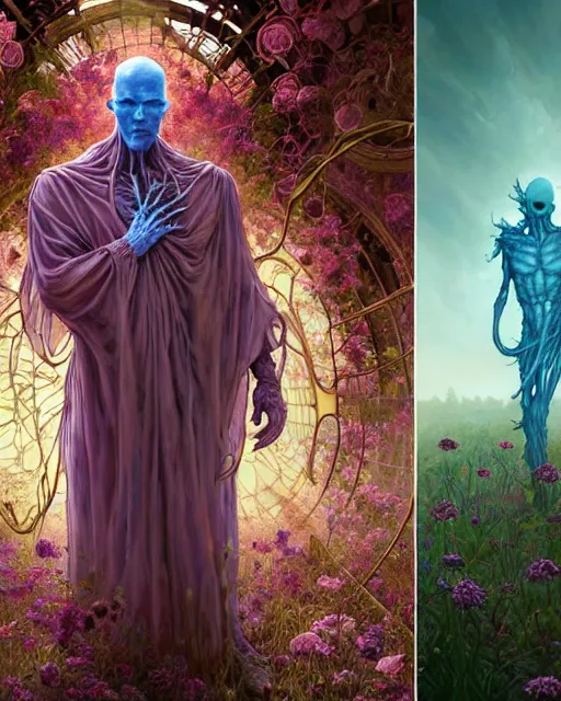 Image similar to the platonic ideal of flowers, rotting, insects and praying of cletus kasady ultimate carnage thanos dementor doctor manhattan chtulu nazgul davinci, detailed, intricate, hyperrealism, intense, scary, decay, dmt, art by brock hofer and artgerm and greg rutkowski and alphonse mucha and simon stalenhag