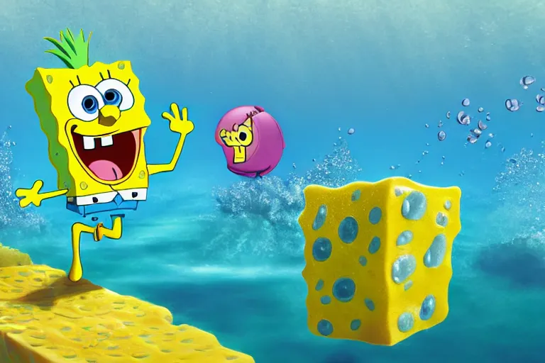 Image similar to SpongeBob is underwater outside a pineapple house, 8k, real photo, hyperrealism