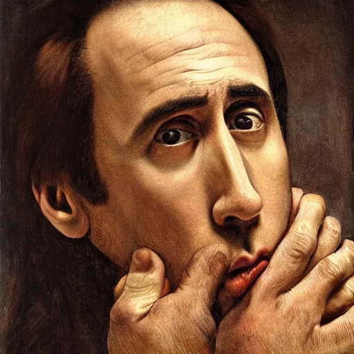 Image similar to highly detailed portrait of nicolas cage without a shirt laying down inside of a banana, 4 k, in the style of caravaggio, monet, botticelli and dali