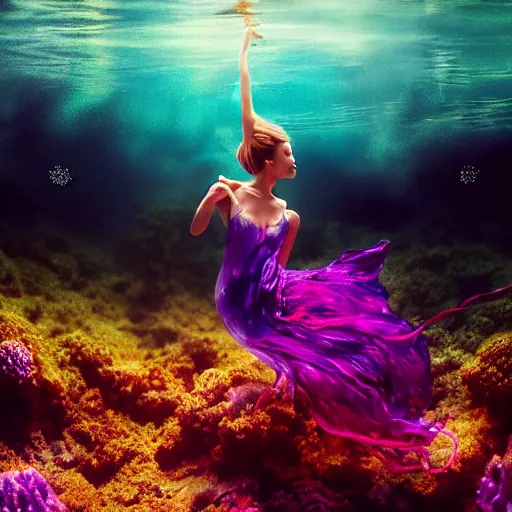 Image similar to beautiful realistic woman dancing underwater wearing a flowing dress made of blue, magenta, and yellow seaweed, delicate coral sea bottom, swirling silver fish, swirling smoke shapes, octane render, caustics lighting from above, cinematic