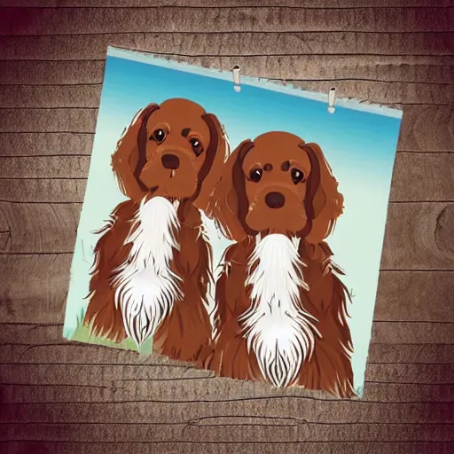 Prompt: two cute brown spaniel a by the seaside, parasols, bright towels, geometric, pop, deco, sketch, artwork