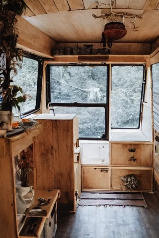 Image similar to conversion van interior, bohemian style, van life, light wood