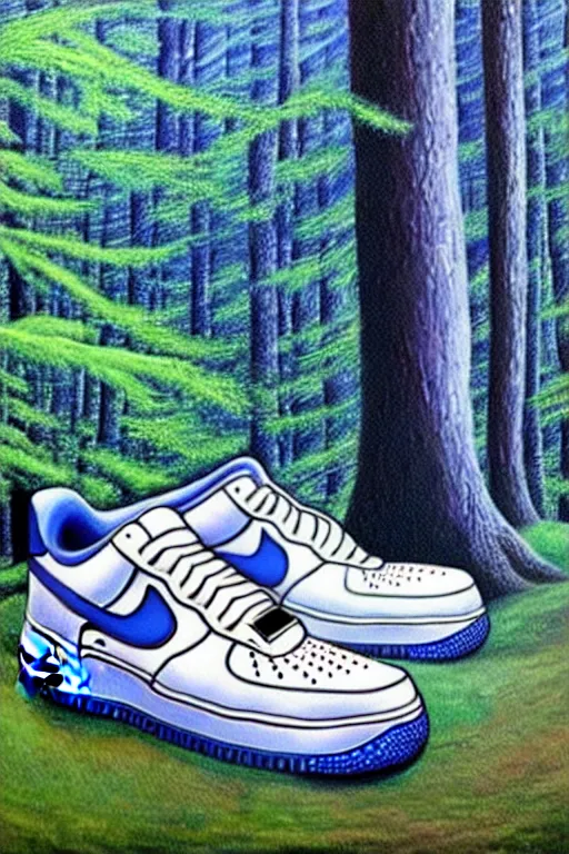 Prompt: realistic detailed painting of a pair of nike air force one sneakers, futuristic sci-fi forest on background by Moebius, rich moody colours, blue eyes