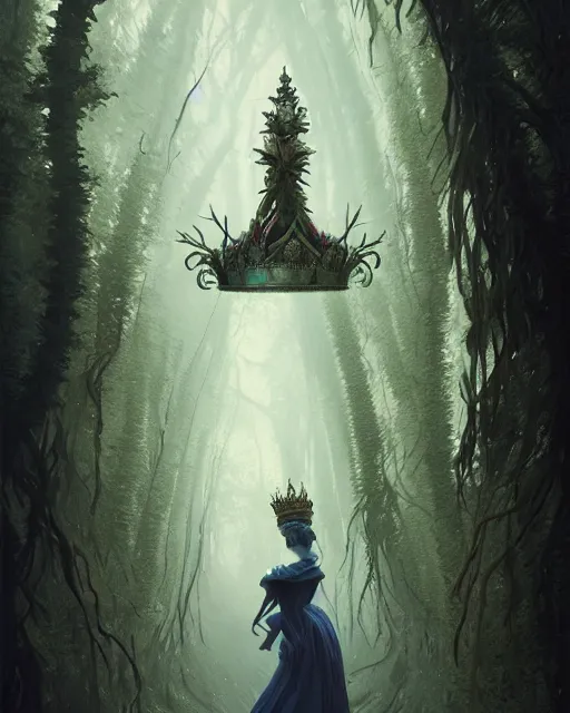 Image similar to highly detailed surreal vfx portrait of a cursed crown in a shadowy forest by a willow tree, stephen bliss, unreal engine, greg rutkowski, loish, rhads, beeple, makoto shinkai and lois van baarle, ilya kuvshinov, rossdraws, tom bagshaw, alphonse mucha, global illumination, detailed and intricate environment