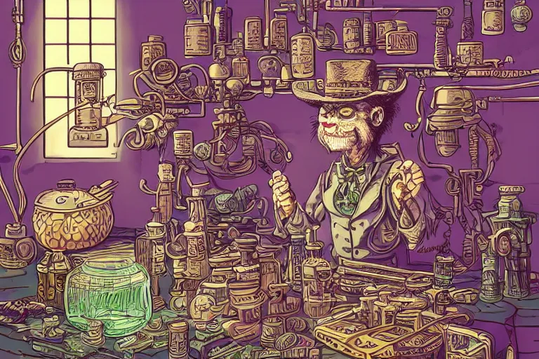 Image similar to Uncle Aloysius, snake oil salesman, wild west crypto pharmaceutical industrialist apothecary alchemist tinkerer engineer, cute, fantasy, intricate, elegant, highly detailed, digital painting, 4k, HDR, concept art, smooth, sharp focus, illustration, purple green color scheme, art by Ed Roth and H R Giger and Greg Rutowski and Lisa Frank