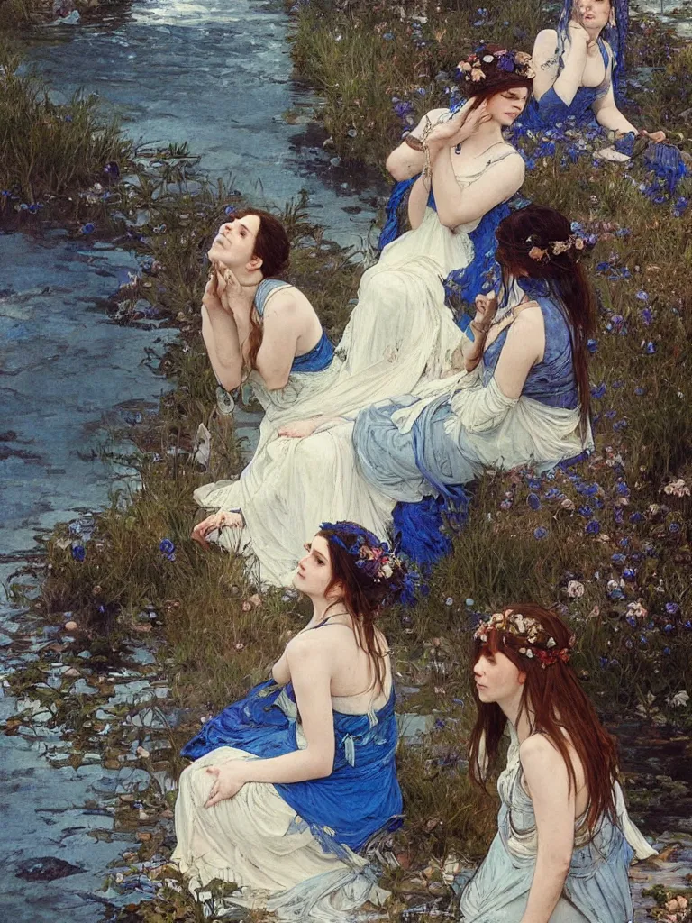 Image similar to detailed painting of two sad brides standing in the river, gloomy, cobalt blue gemstones floating in the river, art by greg rutkowski and alphonse mucha