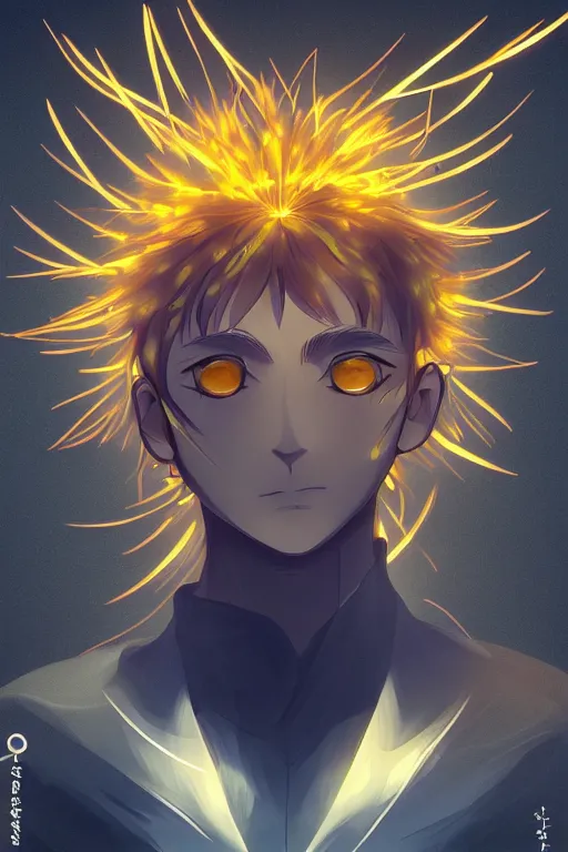 Image similar to amber glowing luminescent dandelion male anime character, symmetrical, highly detailed, digital art, sharp focus, trending on art station, amber eyes, autumnal colours