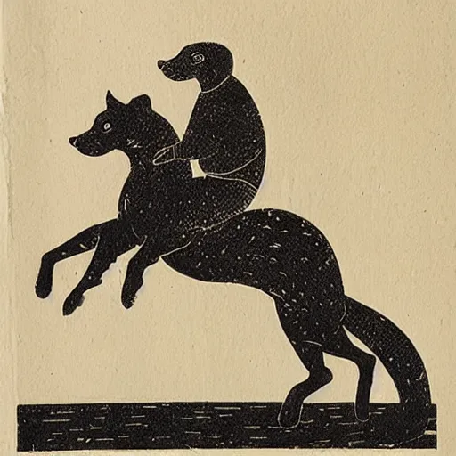 Image similar to woodblock print of an otter riding horseback