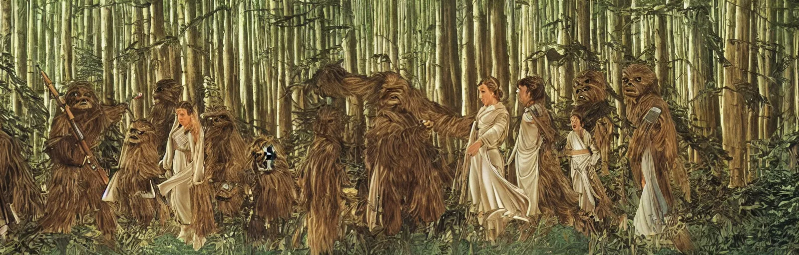 Image similar to luke skywalker, princess leia and han solo meet the ewoks in the forest of endor, in return of the jedi, a masterful painting by sandro botticelli