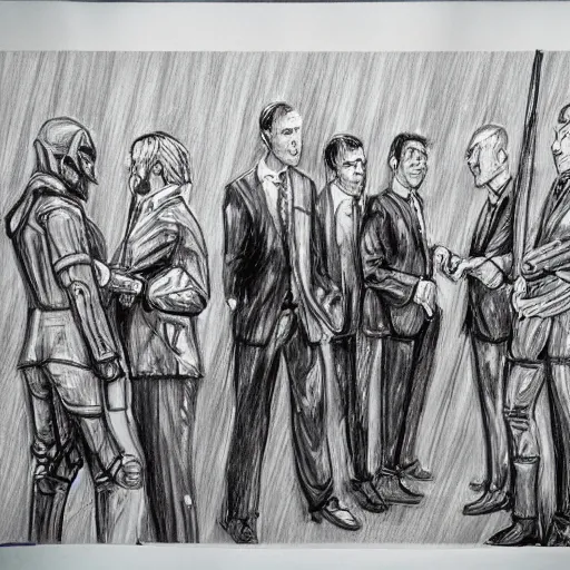 Image similar to highly detailed realistic sketch of UN members in suits yelling at a cyborg samurai, fear and anger in their eyes, colored , award winning , masterpiece on a scroll , post-processing