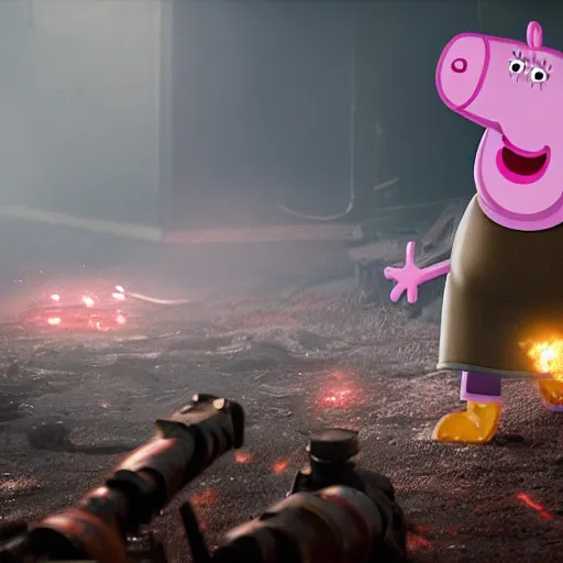 Image similar to Peppa pig in Gears of War, splash art, movie still, cinematic lighting, dramatic, octane render, long lens, shallow depth of field, bokeh, anamorphic lens flare, 8k, hyper detailed, 35mm film grain