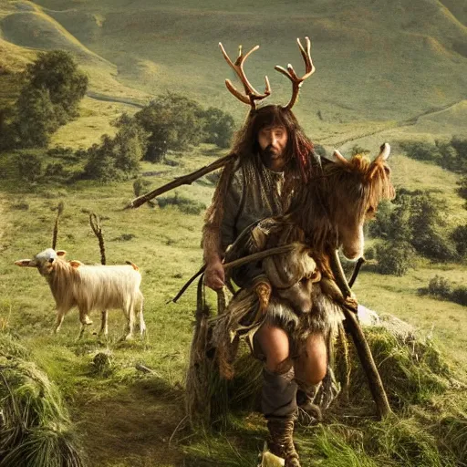 Prompt: hippie tribal hobo wearing twigs and leaves smiling sheepishly, riding tiny scruffy goat with novelty oversized antlers, grassy hills, highly detailed, dramatic lighting, night time, cinematic, hyperrealistic, detailed, movie still from game of thrones