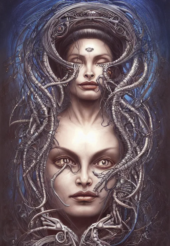 Image similar to perfectly centered portrait front view of a beautiful biomechanical moon goddess, flowing hair, intense stare, sweet sarcastic smile, symmetrical, dark blue skin, concept art, intricate detail, volumetric shadows and lighting, realistic oil painting by peter mohrbacher, h. r. giger, zdzisław beksinski, gustave dore,