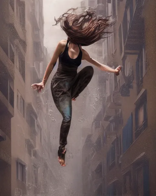 Image similar to a radically realistic fine art painting of a early twenties female parkouring between buildings with flowing hair, inspired by David Stoupakis, studio portrait, muted colors, detailed hair, cinematic lighting, trending on artstation, 4K