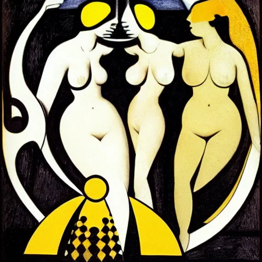 Image similar to graphic design exciting by juan gris. the body art shows venus seated on a crescent moon. she is surrounded by the goddesses ceres & bacchus, who are both holding cornucopias.