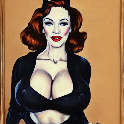 Prompt: Fully-clothed full-body portrait of Christina Hendricks as catwoman as a pinup painting on world war II bomber