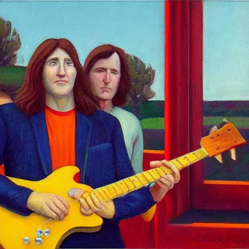 Image similar to rush, geddy lee, alex lifeson, neil peart, grant wood, pj crook, edward hopper, oil on canvas