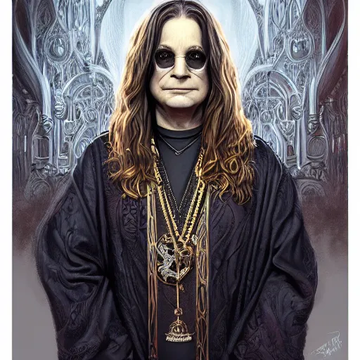 Image similar to a portrait of ozzy osborne as a wizard, urban motifs, intricate, elegant, highly detailed, digital painting, trending on artstation, concept art, smooth sharp focus, illustration, art by artgerm and greg rutkowski