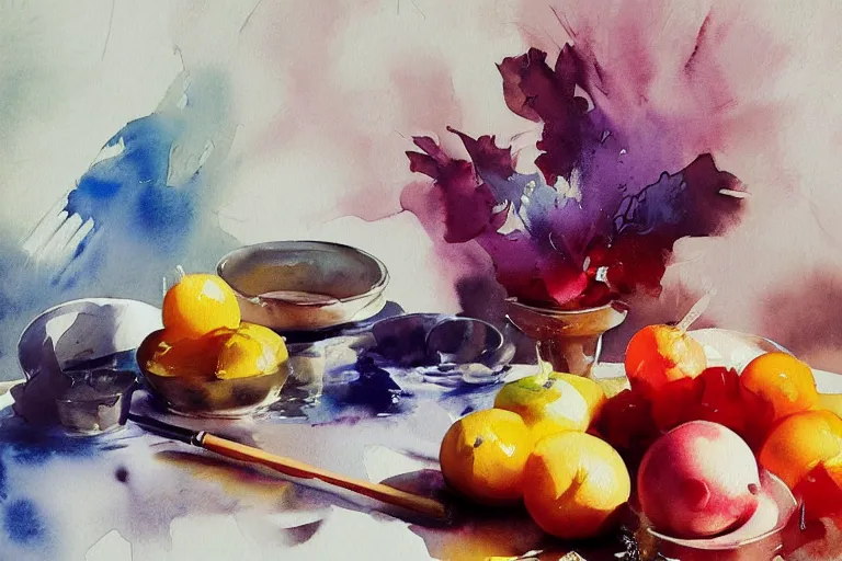 Image similar to paint brush strokes, abstract watercolor painting of colorful fruits, table cloth, art by hans dahl, by jesper ejsing, art by anders zorn, wonderful masterpiece by greg rutkowski, cinematic light, american romanticism by greg manchess, creation by tyler edlin