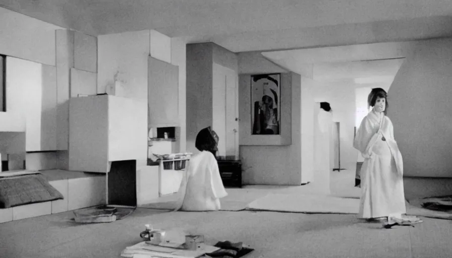 Image similar to 60s movie still of a white japanese female phantom in a non-euclidian house, eastmancolor, heavy grain, high quality, higly detailed, liminal space