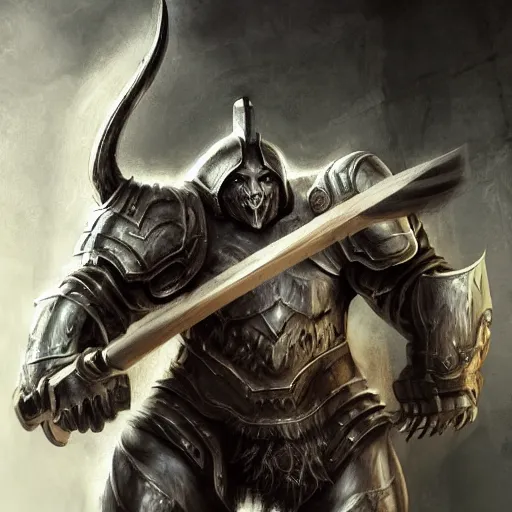 Image similar to Giant minotaur humanoid beast warrior with two handed axe, human face, concept art, heavy white and golden armor, giant taurus horns, long mane, full body, muscular, dungeons and dragons, hyperrealism, high details, digital painting, dark fantasy, grim helmet