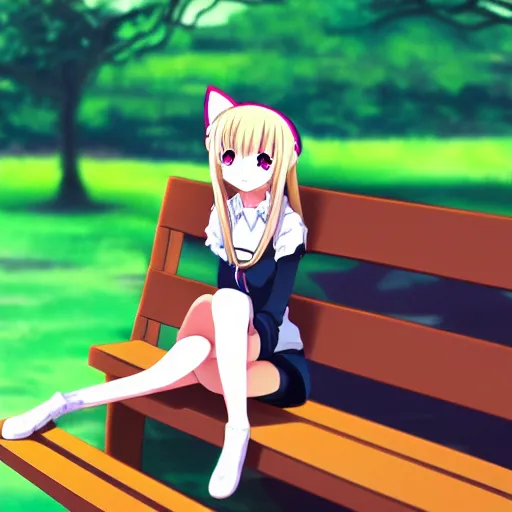 Prompt: picture of an anime girl with cat ears and long blond hair looking to her side, sitting on a bench with a park behind her, bokeh, anime art style, highly detailed, cartoon, cel - shaded, colorful, animated, trending