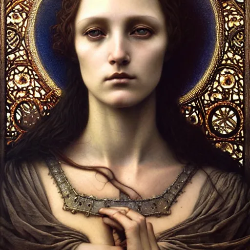 Image similar to detailed realistic beautiful young medieval queen face portrait by jean delville, tom bagshaw, brooke shaden, gustave dore and marco mazzoni, art nouveau, symbolist, visionary, gothic, pre - raphaelite, ornate gilded medieval icon, surreality, ethereal, unearthly, haunting, celestial, neo - gothic, ghostly, memento mori, enigmatic