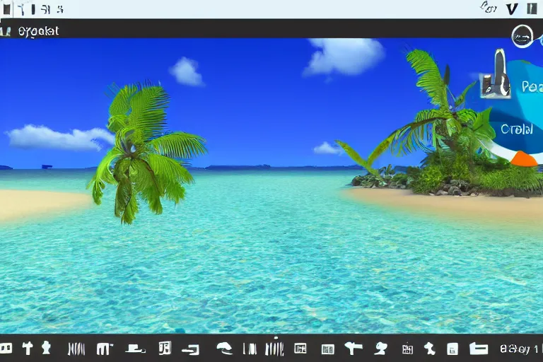 Prompt: A 90\'s 3D desert island paradise, crystal clear sea, screenshot