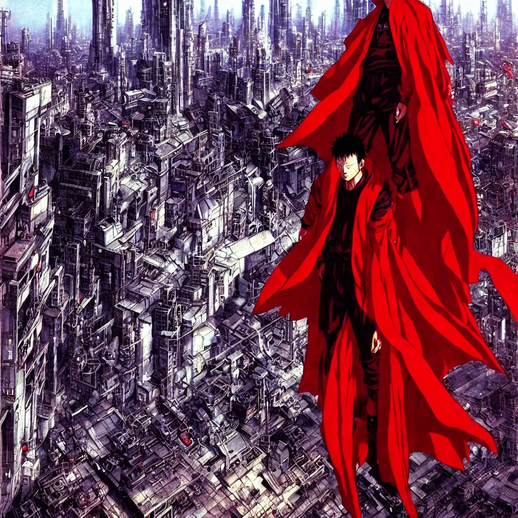 Image similar to tetsuo with red cape in neo - tokyo overlooking city, from akira | anime, matte painting, perfect detailed face anime art, dystopian megacity neo - tokyo akira, shaded perfect, fine details. realistic shaded lighting anime manga artwork by katsuhiro otomo, akira, artgerm, jeremy lipkin and michael garmash and rob rey