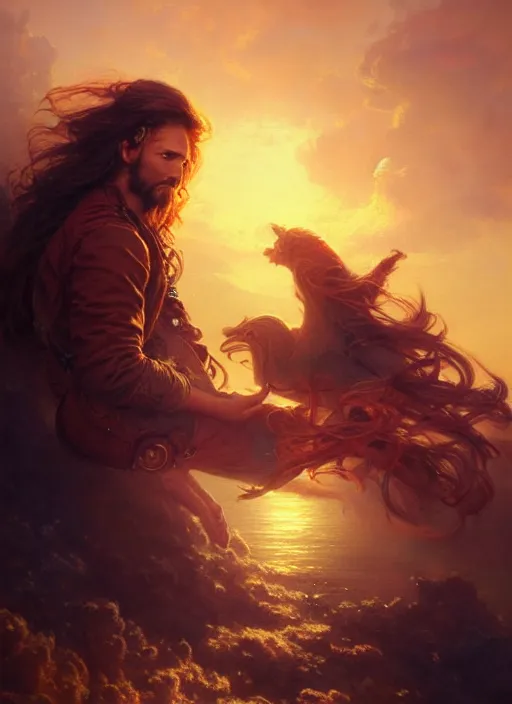 Image similar to portrait painting of a handsome rugged long hair crimson hair male pirate, soft hair steampunk ornate zeppelin in the sky sunset golden hour art by greg rutkowski gaston bussiere fantasy soft hair trending on artstation deviantart book cover art concept art key art dramatic volumetric lighting, 4 k, award winning