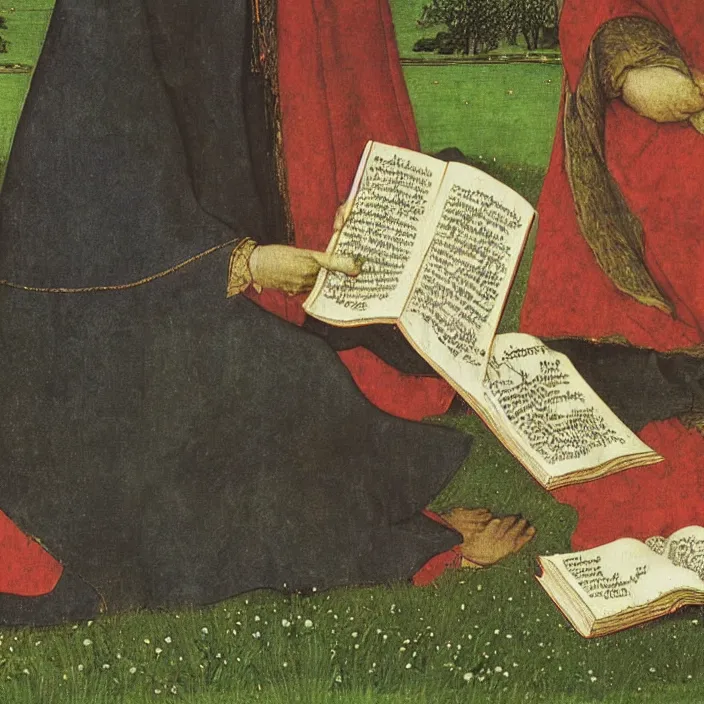 Prompt: close up of a illustrated book sitting in the grass near the river. jan van eyck