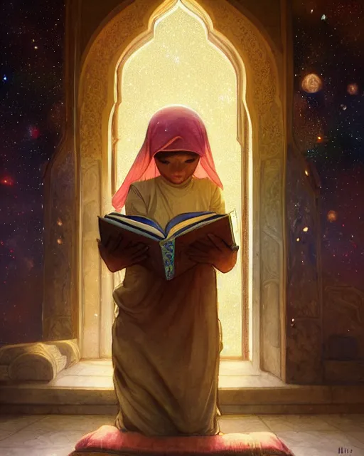 Image similar to bedouin child reading the quran inside of the mosque in the galaxy surrounded by nebula, highly detailed, gold filigree, romantic storybook fantasy, soft cinematic lighting, award, disney concept art watercolor illustration by mandy jurgens and alphonse mucha and alena aenami, pastel color palette, featured on artstation