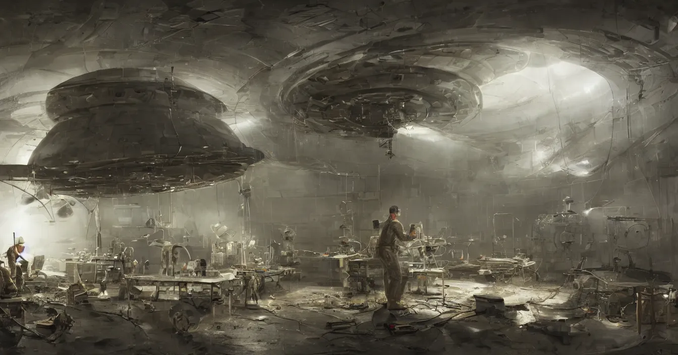 Image similar to engineer repairs ancient flying saucer full of modern military equipment, in the laboratory full of tools and machines, high detail, volume raytracing fog, wet reflective ground, by james paick, by ilm, by digital domain, by weta digital