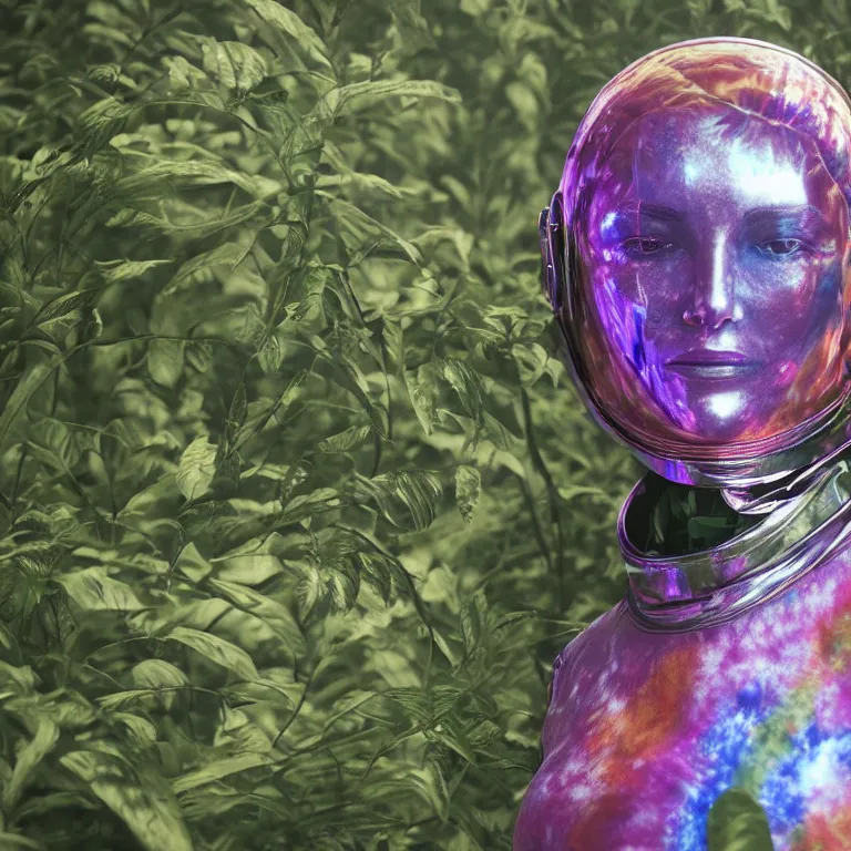 Image similar to octane render portrait by wayne barlow and carlo crivelli and glenn fabry, subject is a woman covered in tie - dye aluminum foil space suit with a colorful metallic space helmet, surrounded by alien plants, cinema 4 d, ray traced lighting, very short depth of field, bokeh