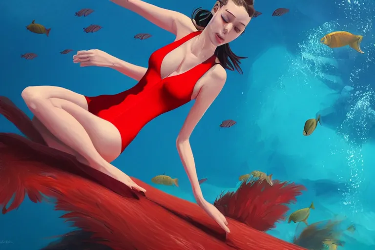 Image similar to fishes swim around woman in red swimsuit, highly detailed, smooth, sharp focus, concept art, illustration, beautiful, geometric, trending on artstation, cinematic, behance featured, artwork by Bowater, Charlie