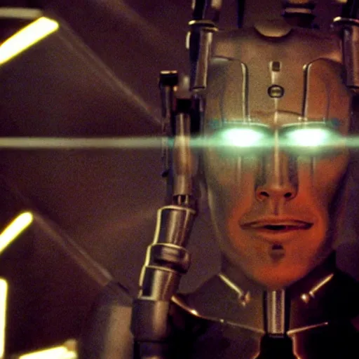 Image similar to movie still of a cyborg, facial expression, cinematic composition, cinematic light, surreal cinema, by edgar wright and david lynch,