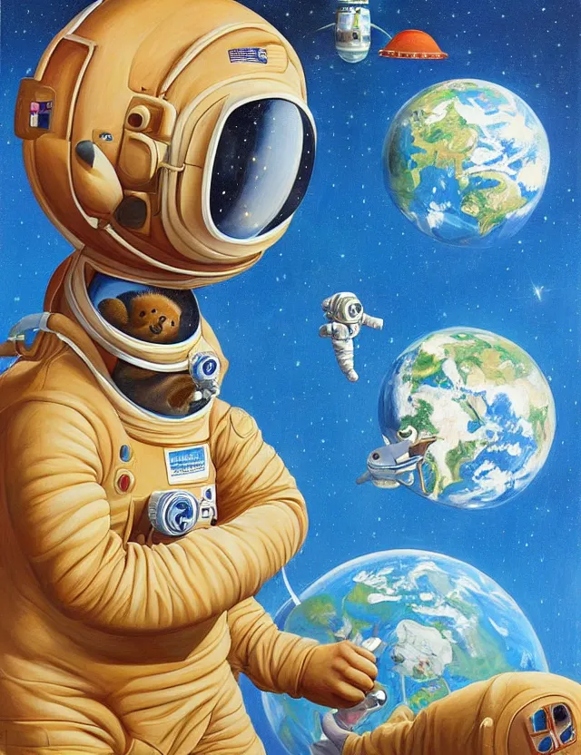 Image similar to beautiful detailed and adorable painting of a capybara astronaut in a spacesuit floating above earth by casey weldon by mark ryden by thomas blackshear, super cute, new contemporary, oil painting