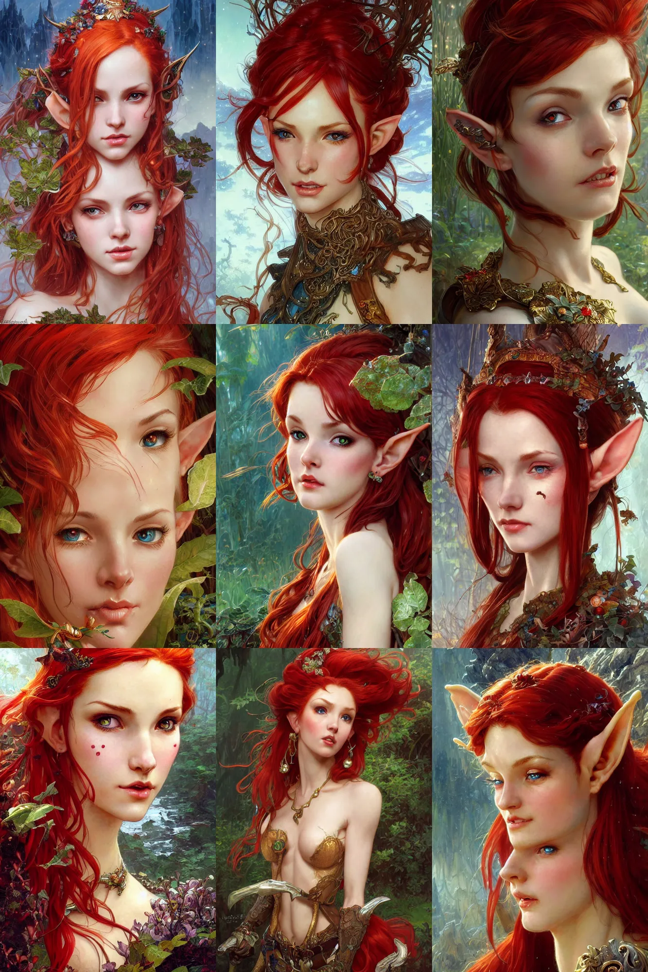 Image similar to alluring highly detailed close-up portrait of beautiful elf girl with red hair wearing a fantasy outfit, very detailed, realistic, by Stanley Artgerm Lau, greg rutkowski, thomas kindkade, alphonse mucha, loish, norman rockwell J.