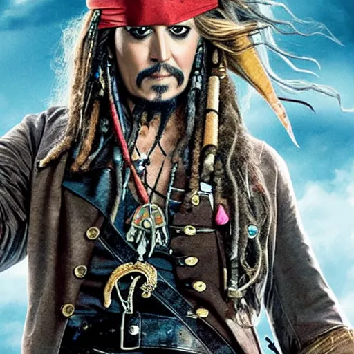 Prompt: still of Elizabeth Berkley as Captain Sparrow in Pirates of the Caribbean remake 2029