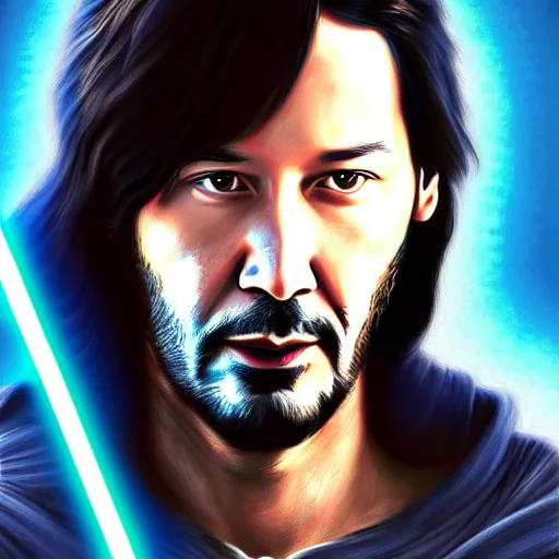 Prompt: keanu reevs as jedi, hyper detailed masterpiece, digital art painting, hyper realism aesthetic