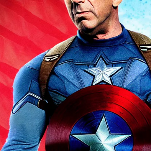 Image similar to Bruce Willis as Captain America, movie, cinematic